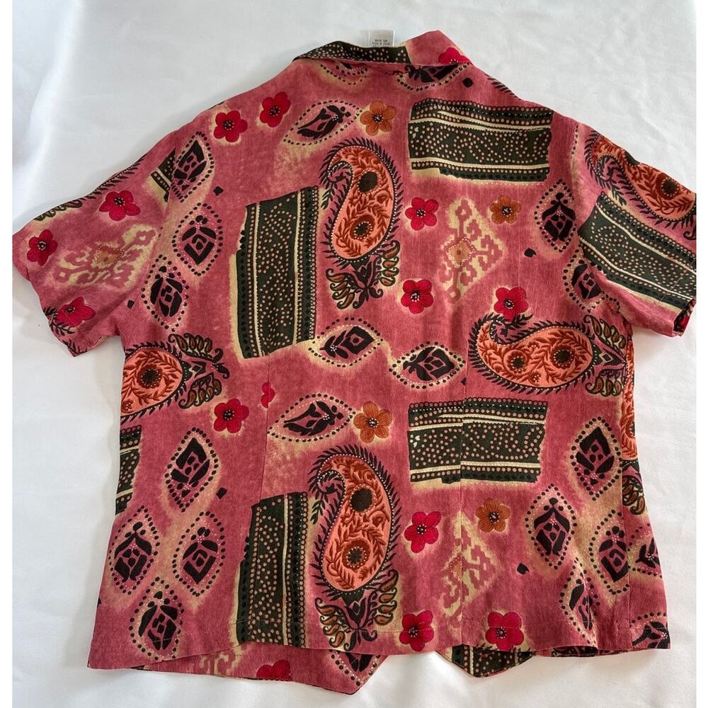 Vintage 90s Patchwork Rayon Camp Collar Blouse Boho Grandmacore Petite S - Picture 8 of 8
